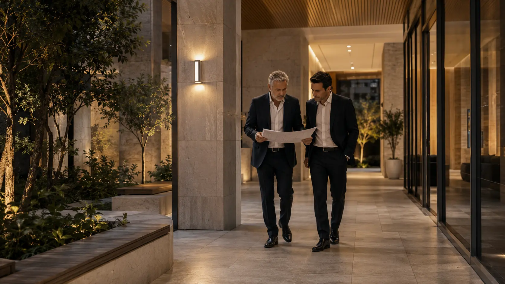 שני יועצים בוחנים תוכניות בלובי מואר