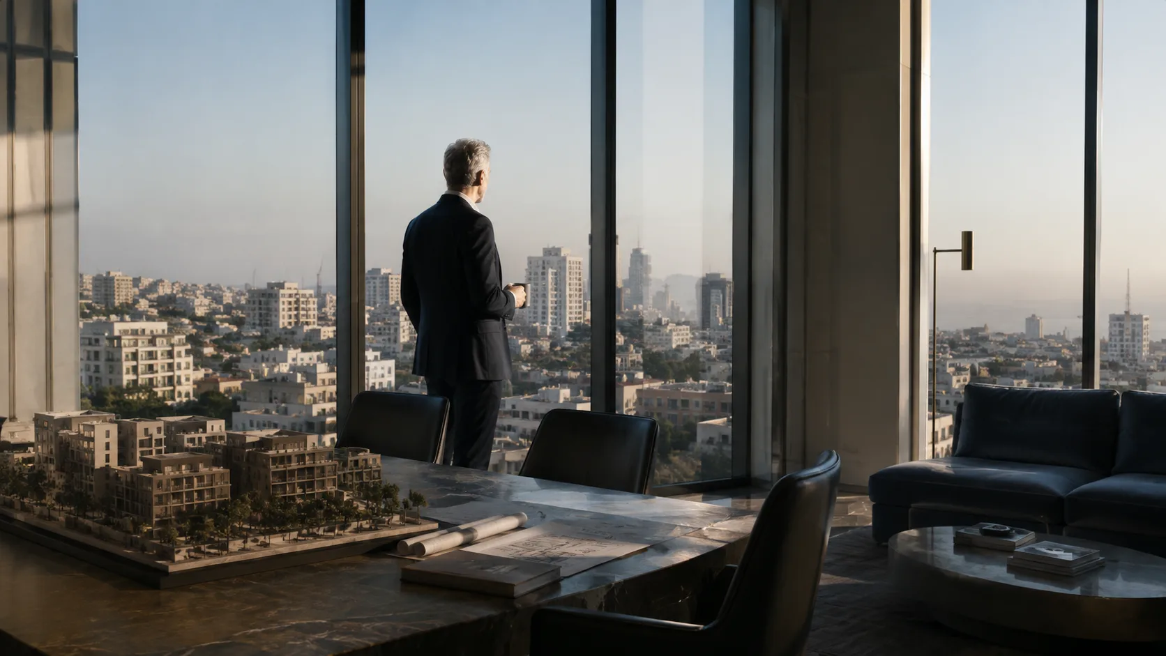 יזם מביט אל קו הרקיע של העיר ממשרד עם דגם אדריכלי